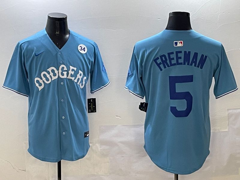 Men Los Angeles Dodgers 5 Freeman Light Blue Throwback Game 2025 Nike MLB Jersey style 7